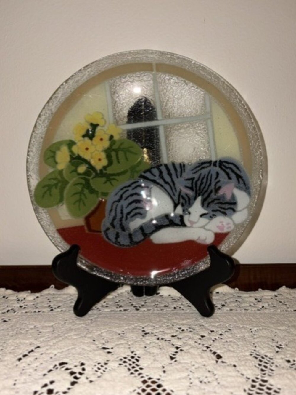 Peggy Karr Fused Art Glass Plate Sleeping Tabby Cat with Flowers